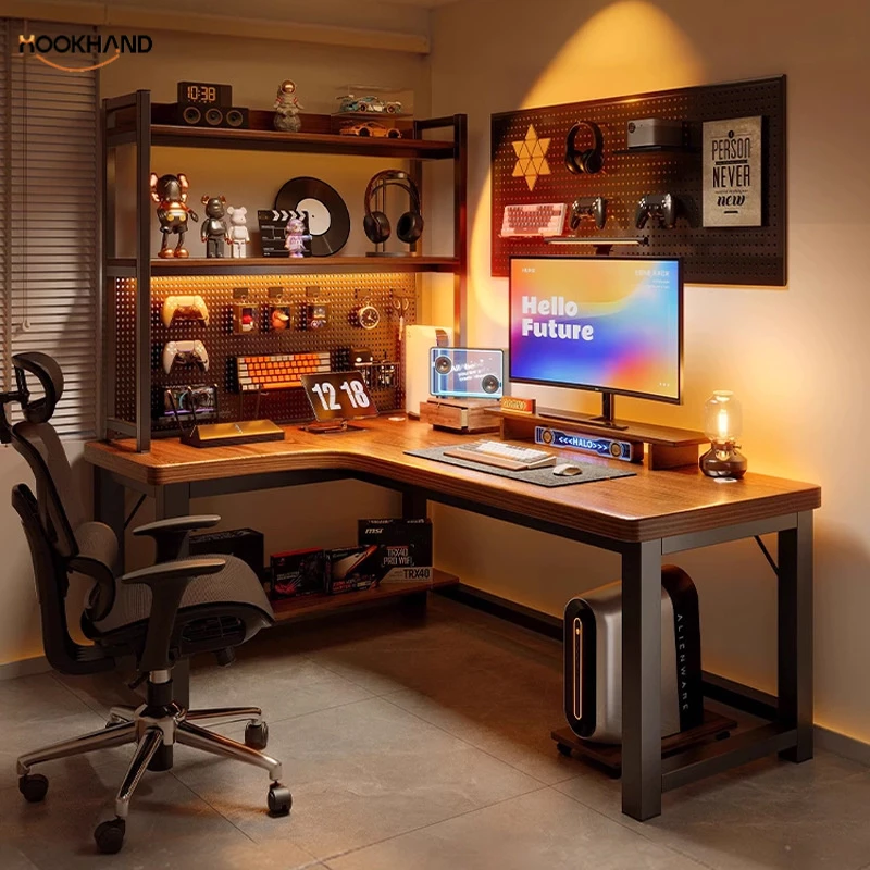 实木转角电脑桌台式卧室家用电竞桌子书桌书架一体拐角办公桌L型