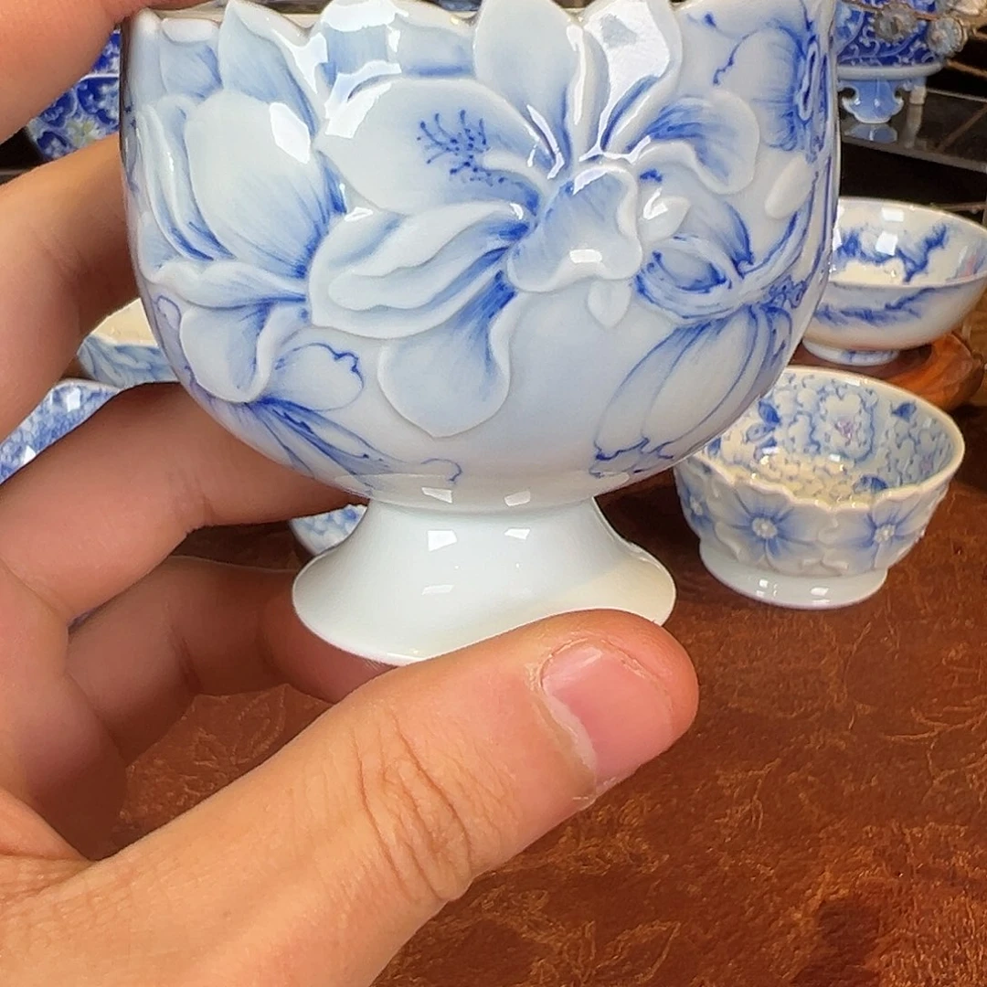 杯子青瞧轩玉兰花雕刻高足杯