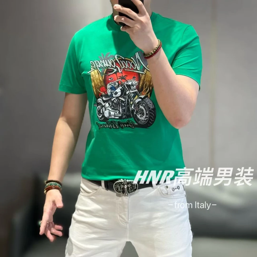 【雷迪·凯奇】品牌珠片工艺高精密刺绣哈雷摩托图案T恤6301
