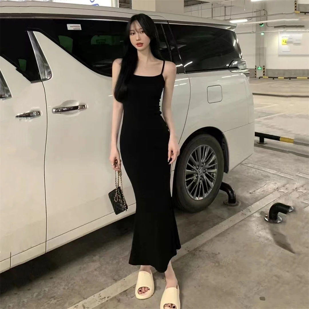 黑色吊带夏季打底内搭裙紧身包臀裙子中长款小妈裙显瘦气质时尚