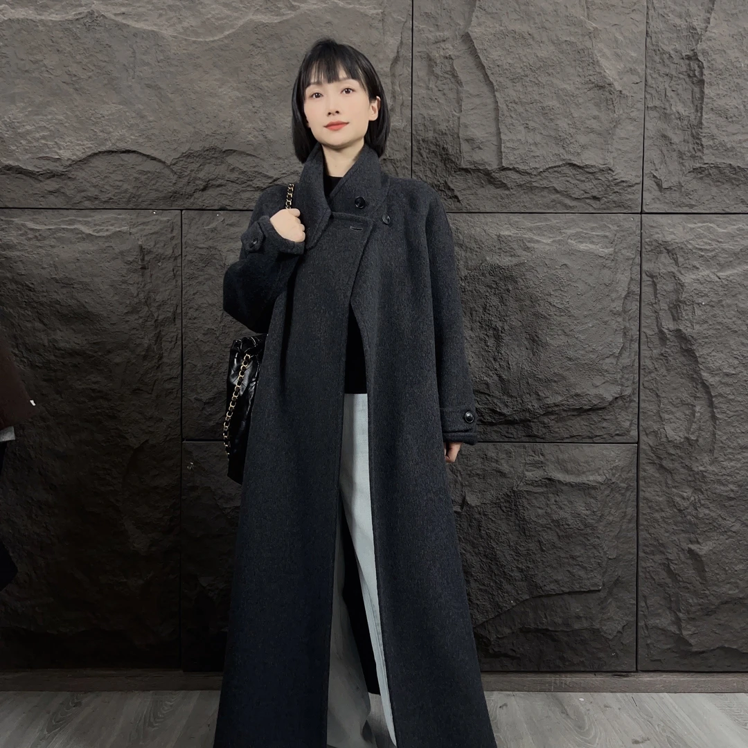 立领133韩版长毛加厚超长羊毛大衣1米65以下穿过膝宽松