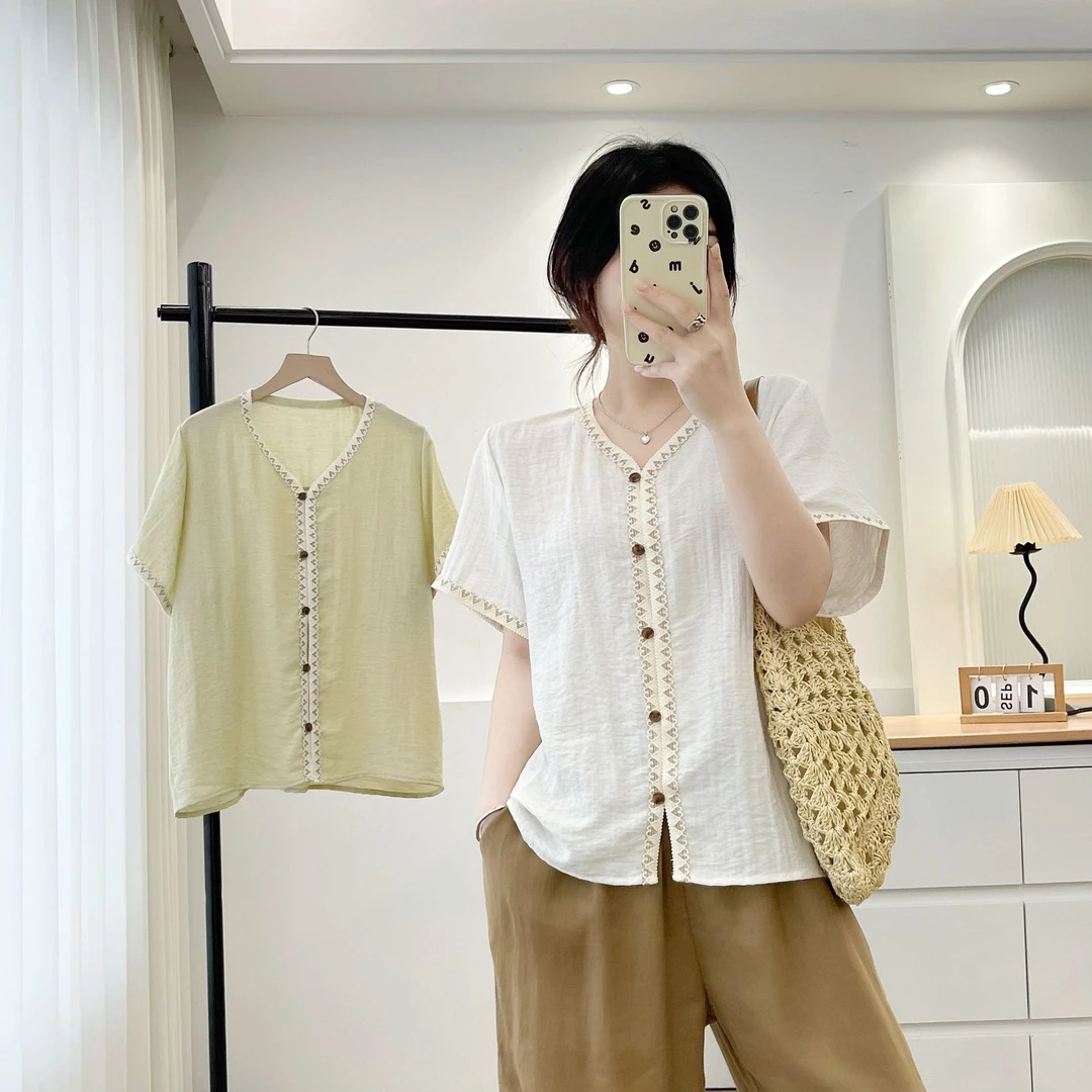 200斤加宽加大码女装夏装新款胖mm显瘦领棉麻风刺绣洋气短袖开衫