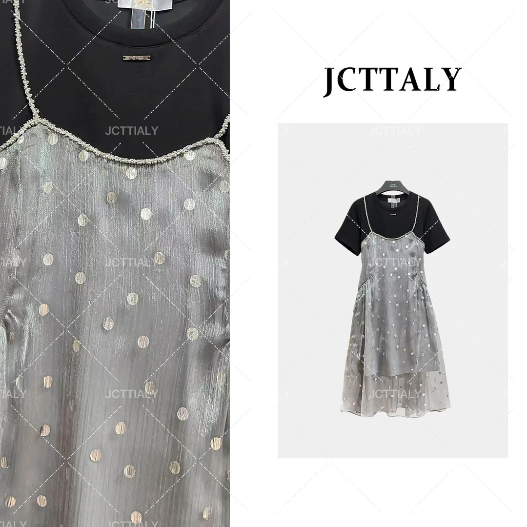 【茶茶】吊带拼接波点假两件纱裙25夏季新款时尚显瘦连衣裙JC-A3079