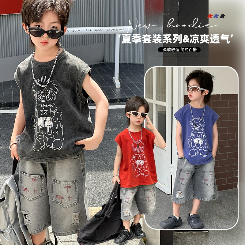 男孩夏季薄款帅气潮酷无袖背心套装儿童中小童宝宝夏款高品质套装