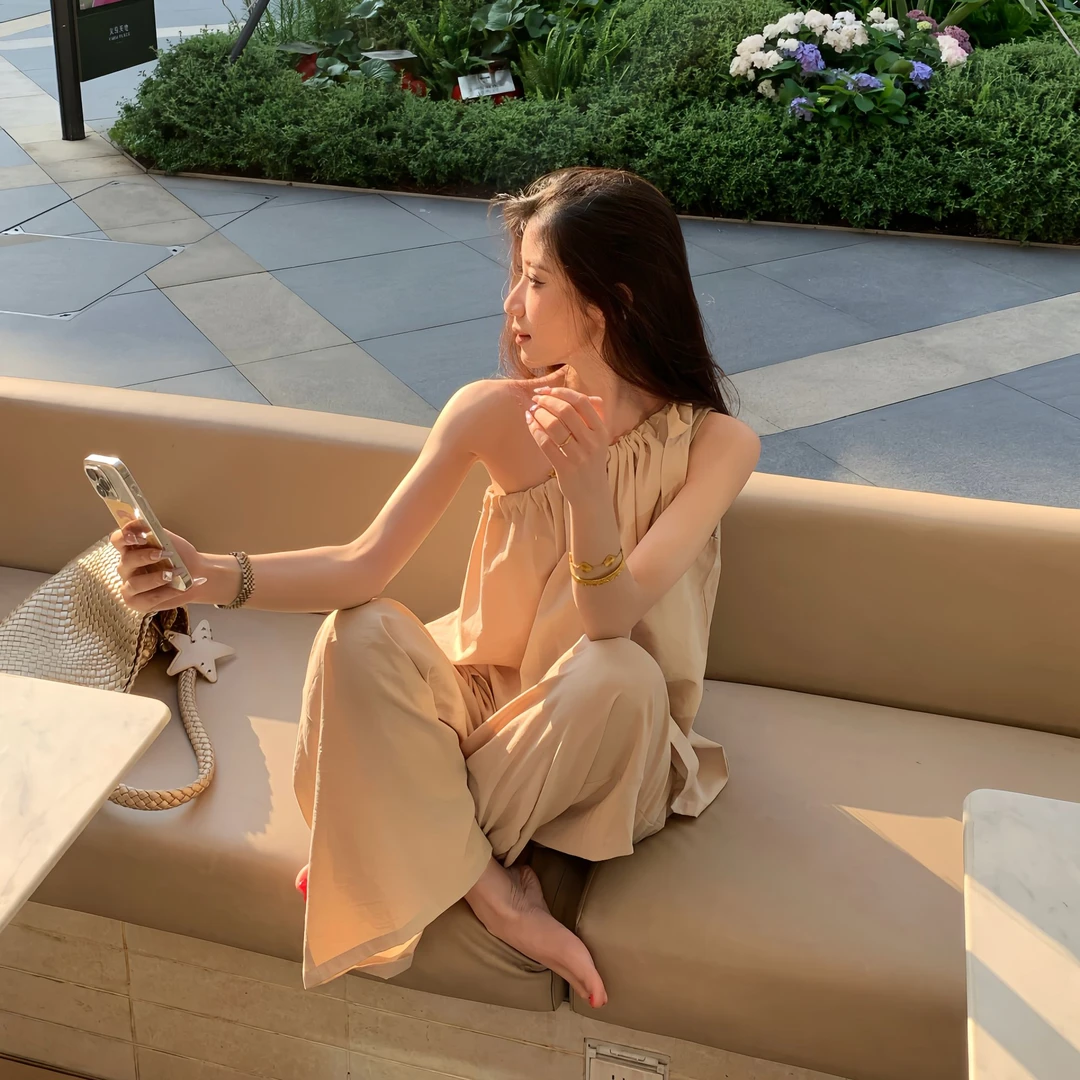 亚麻+天丝2025夏季新款镂空斜肩宽松背心+直筒宽松休闲裤亚麻套装