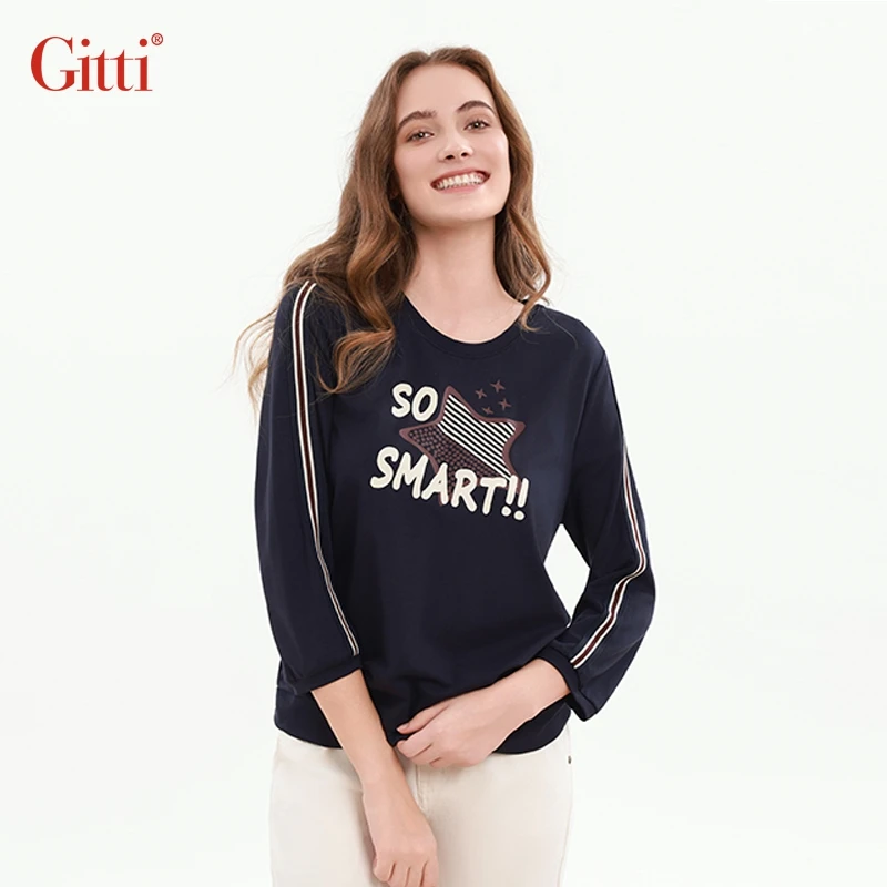 Gitti/吉蒂条纹印花针织T恤女螺纹拼接宽松大码长袖上衣G255027