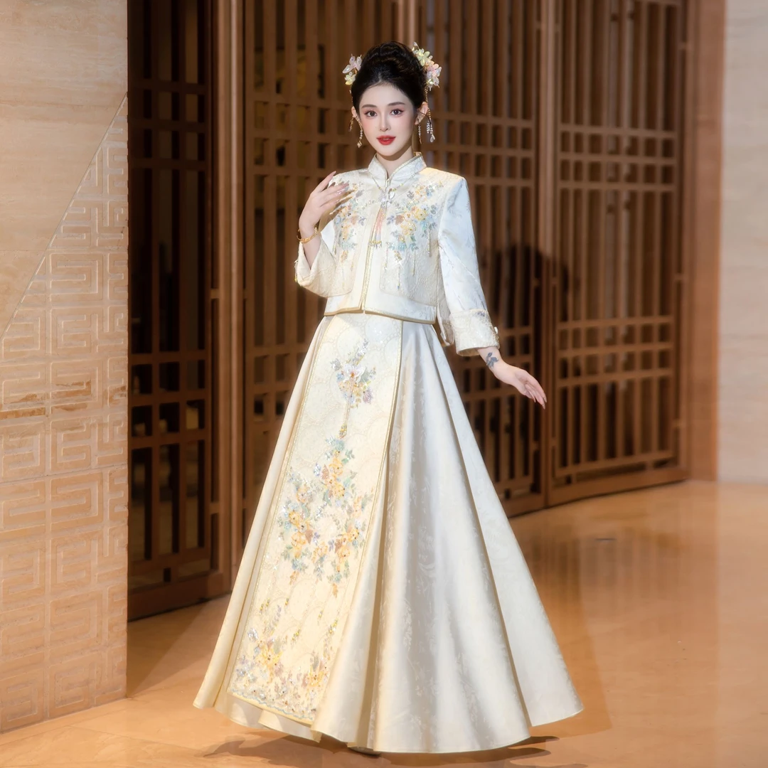 香槟色结婚秀禾服新中式新娘出阁敬酒服宽松显瘦浅色中式嫁衣婚服