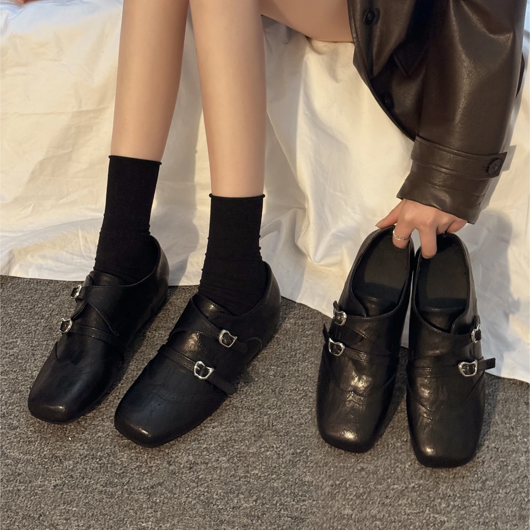 贾不假乐福鞋女秋冬季2025新款韩版方头黑色一脚蹬小皮鞋双扣单鞋