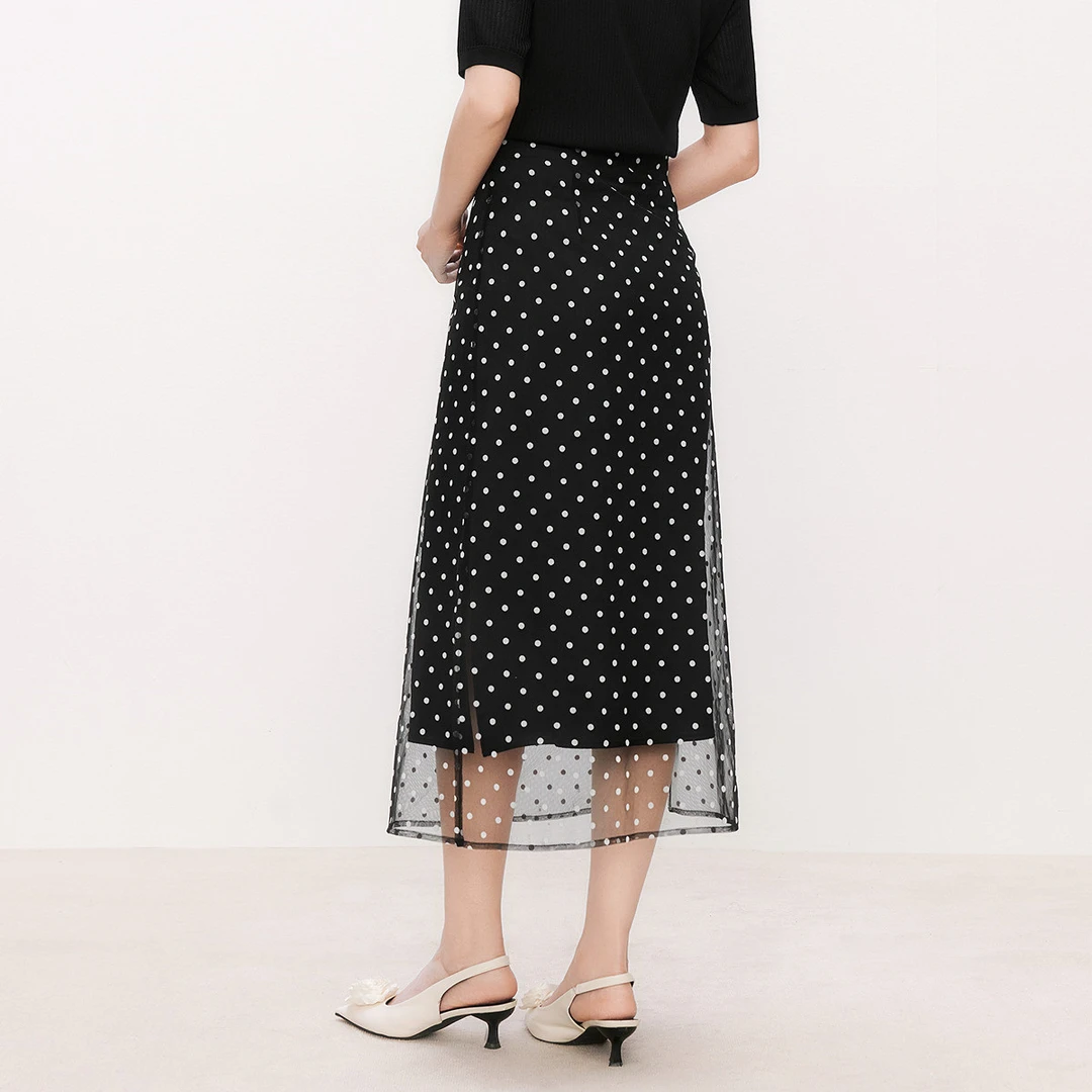 珂莱蒂尔夏季经典通勤复古波点网纱半身裙KW03723