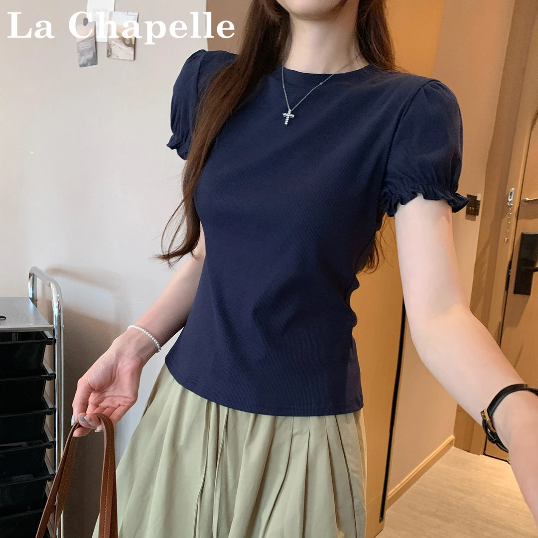 拉夏贝尔泡泡袖正肩短袖T恤女2025夏季新款ins独特别致设计感上衣