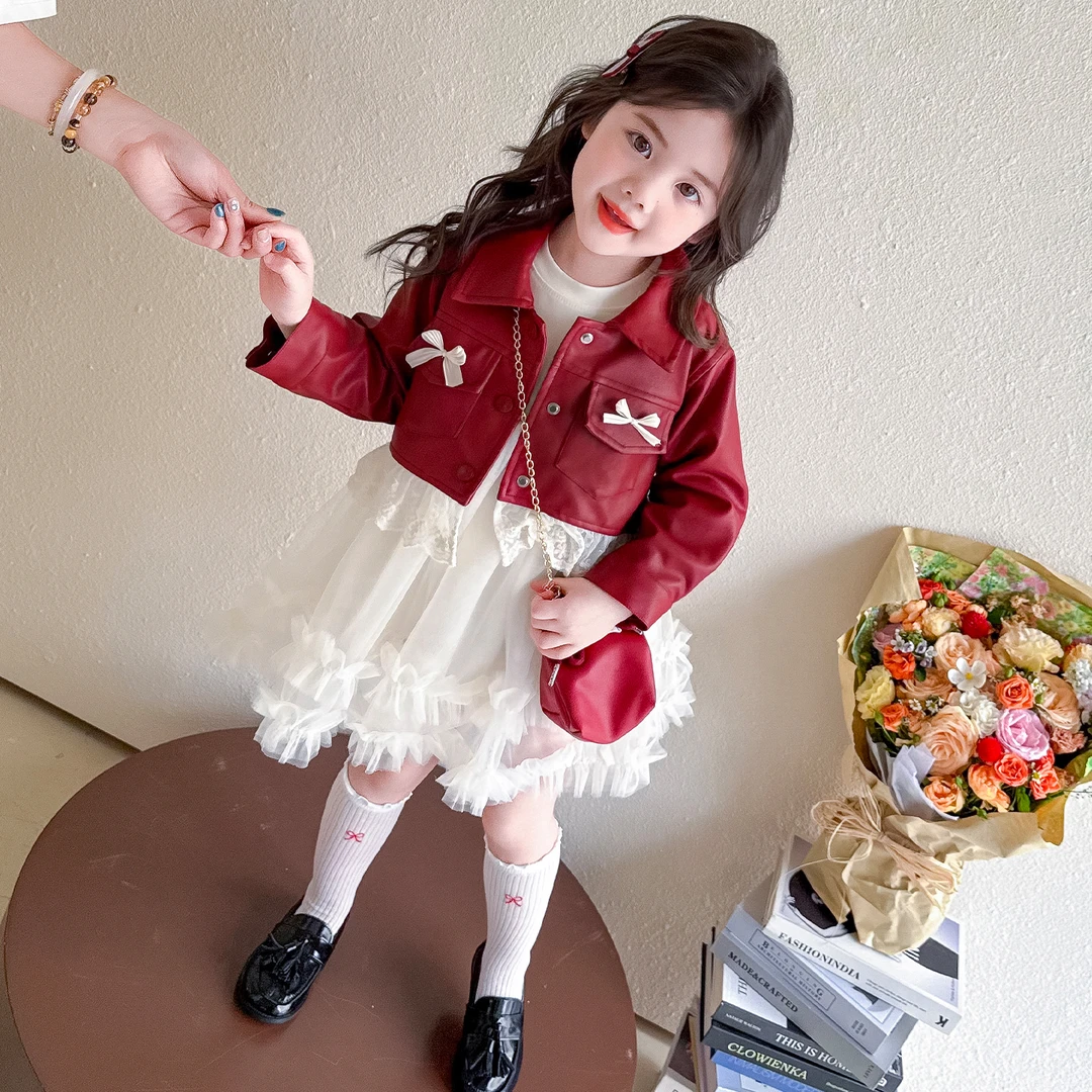 韩版女童时髦洋气花边皮衣纱裙套装带包包2025新款儿童秋季三件套