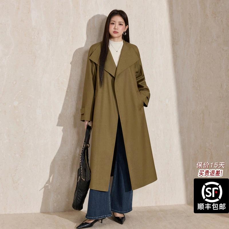 大码女装立裁斜纹廓形大翻领风衣2025秋冬新品高级纯色长外套