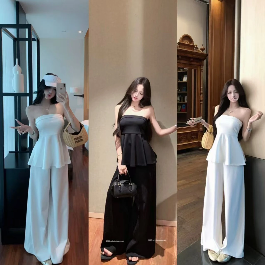 气质法式奢简超软空气层抹胸收腰显瘦上衣阔腿休闲裤套装*9726