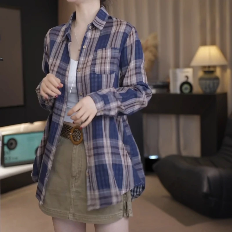 【红心格】2025新休闲复古格子双层棉纱舒适百搭洋气衬衫LK2502347