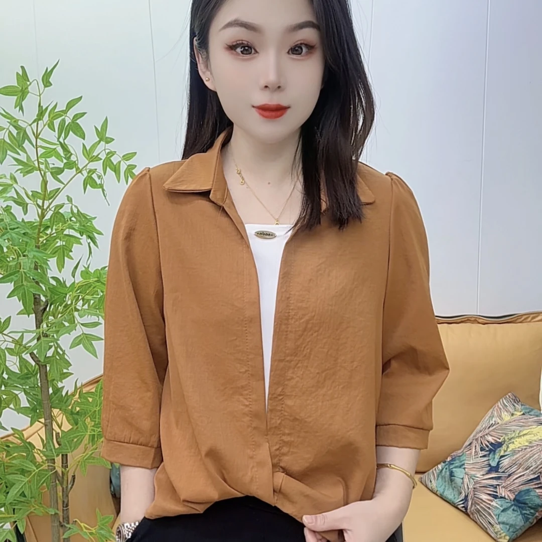 春夏假两件七分袖百搭气质上衣遮肉显瘦爆款长袖衬衫洋气2025纯色