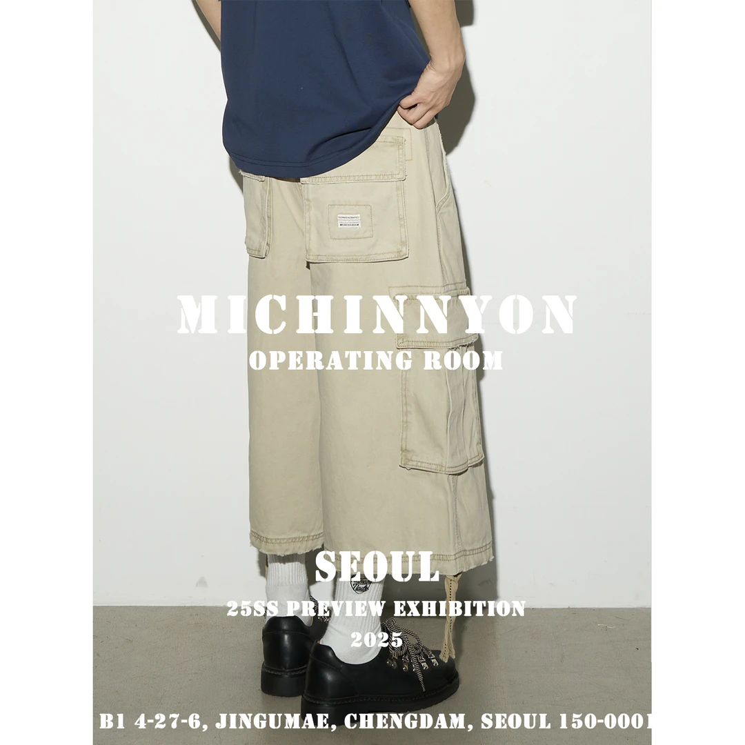 MICHINNYON「虚线粗绳」美式工装大口袋裤脚磨破休闲七分短裤男女