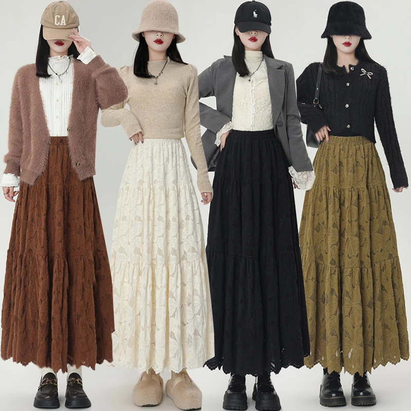 2025新款蕾丝蛋糕半身裙女秋冬爆款裙高腰中长款伞裙子气质百搭