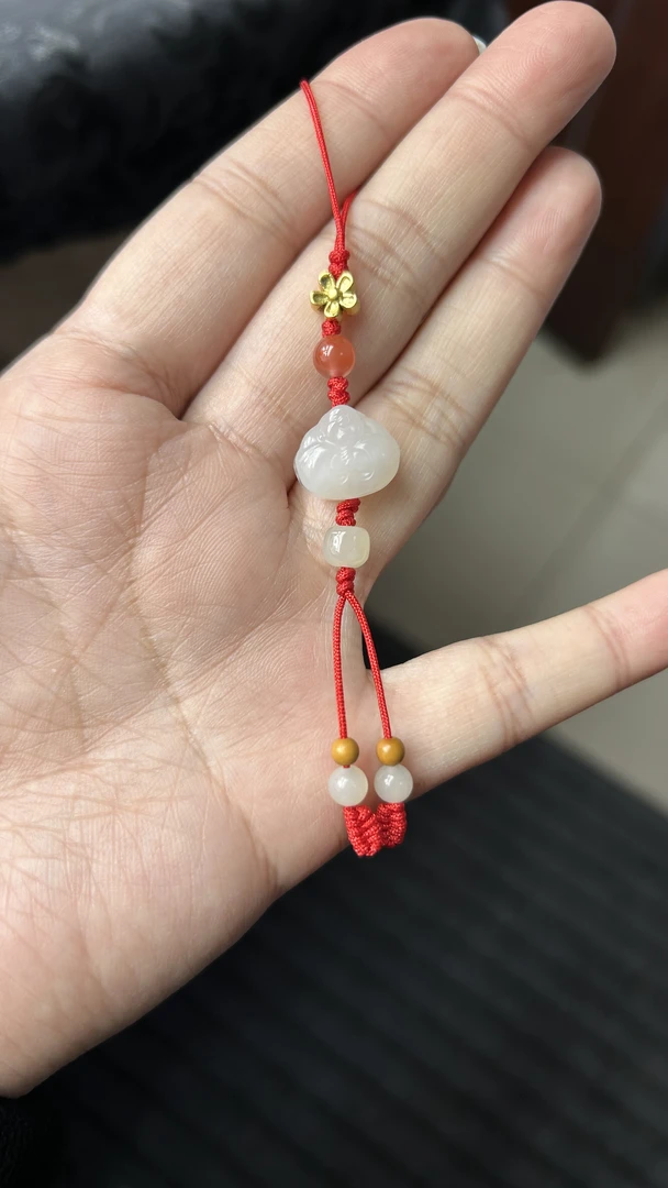 天然和田玉抱抱佛手工编织手机挂