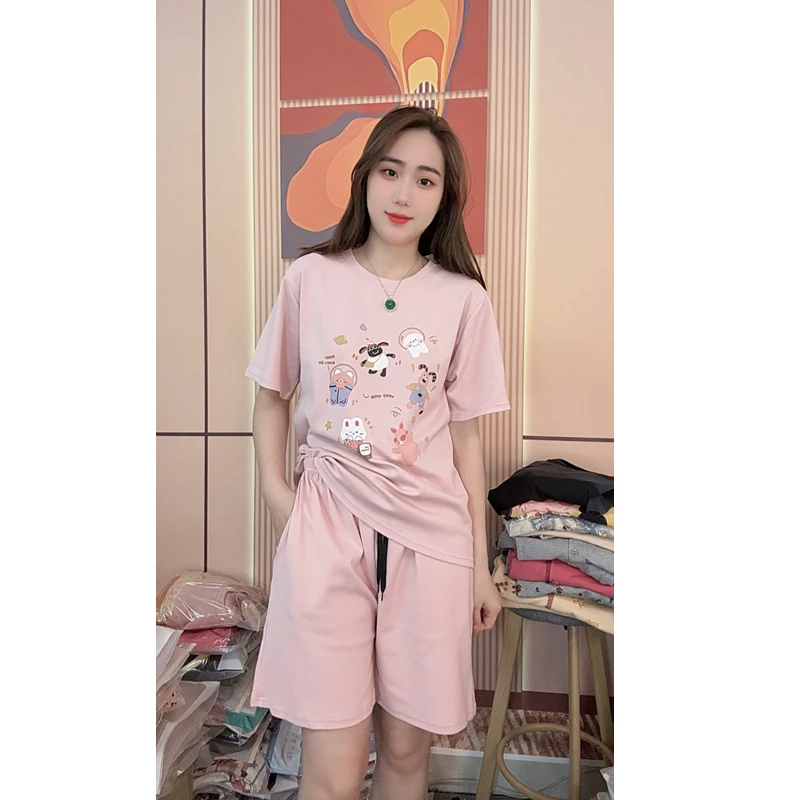 睡衣女夏季新款纯棉短袖短裤卡通甜美可外穿家居服套装（甜咖派对）