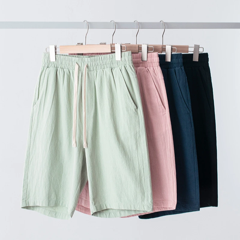 2025新款多色纯棉休闲五分裤夏季薄款棉麻宽松纯色短裤男装直筒裤