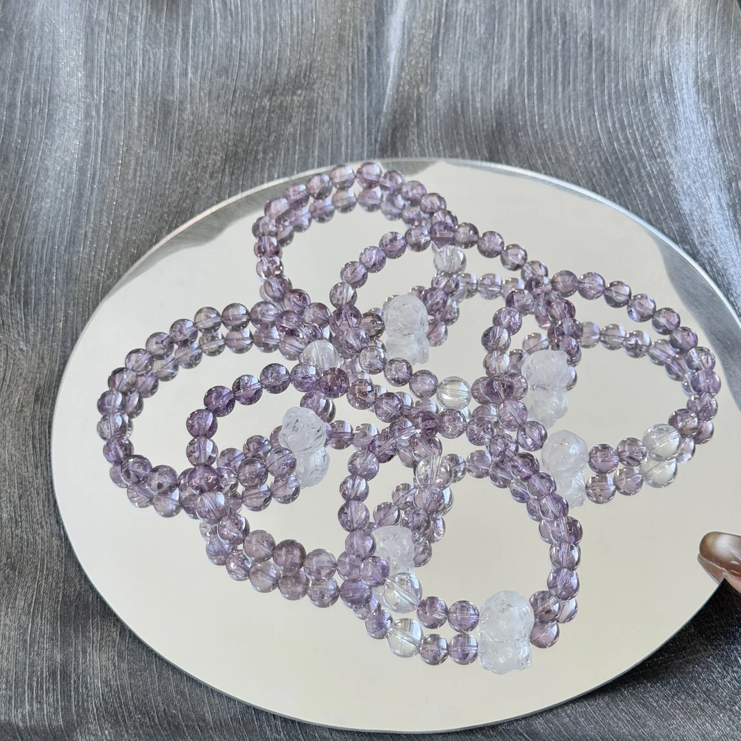 喜运兽「万事不愁」天然紫阿塞彩虹爆花白水晶手串多样性发一