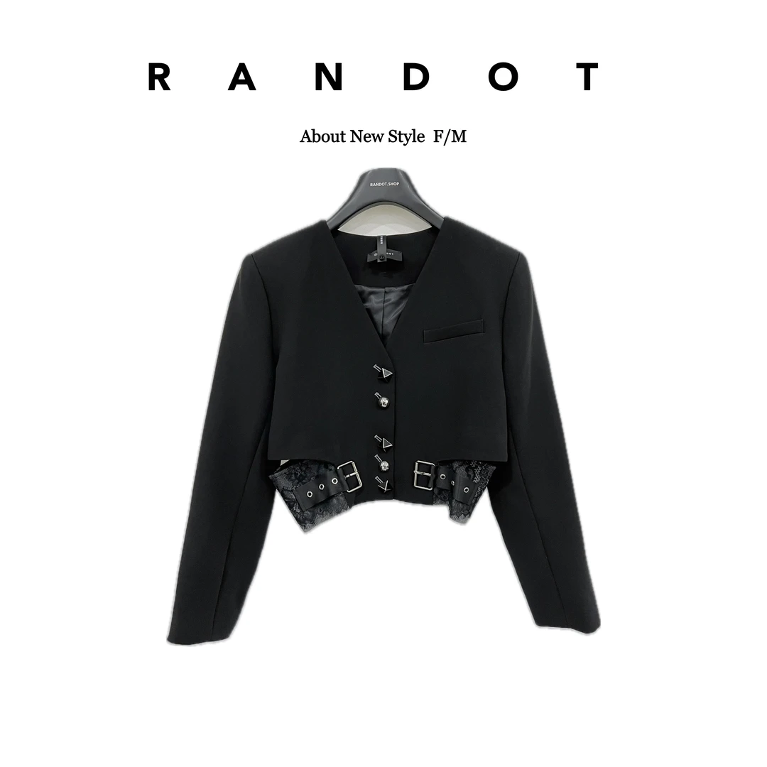 RΛNDOT原创设计师款精致纽扣拼蕾丝花边V领西装外套3637