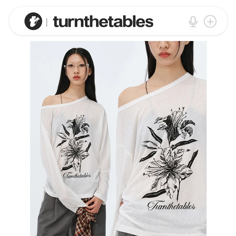 【凉爽丝滑】斜肩花卉印花抽绳长袖罩衫T恤Turnthetables