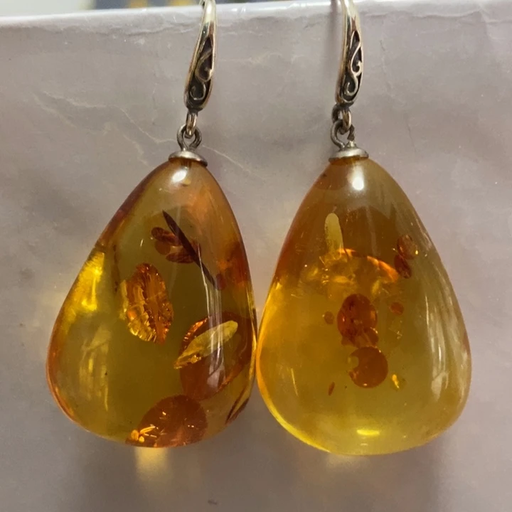 琥珀耳饰银S925镶嵌琥珀