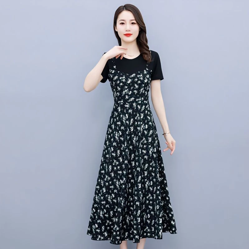 2025新款连衣裙女洋气拼接短袖长裙假两件遮肚显瘦胖mm气质碎花裙