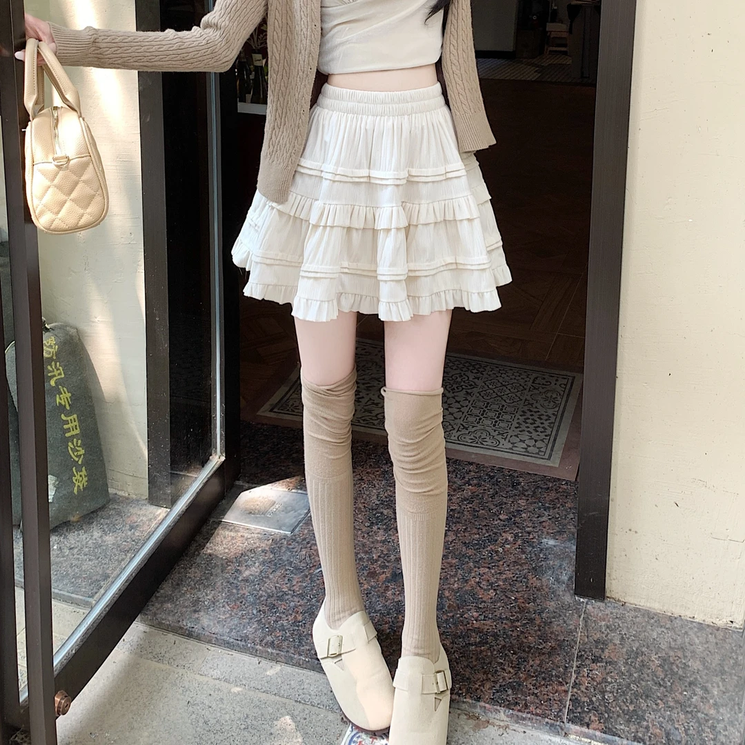 甜美木耳边蛋糕半身裙女秋冬小个子高腰蓬蓬裙