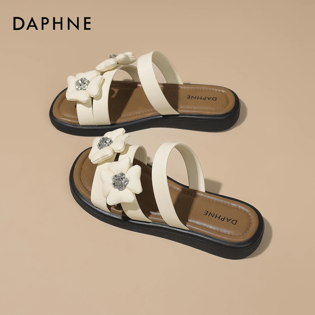 达芙妮2025新款蝴蝶结女鞋拖鞋休闲时尚一字拖鞋女外穿花朵凉拖鞋