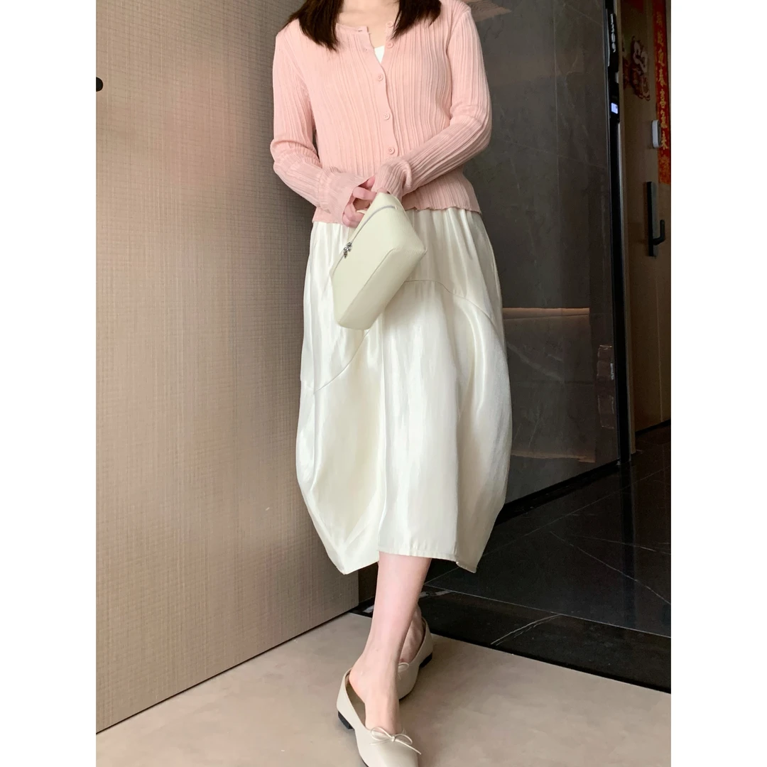 【折扣】YO定制设计感气质松紧腰缎面花苞裙小个子法式中长款半身裙