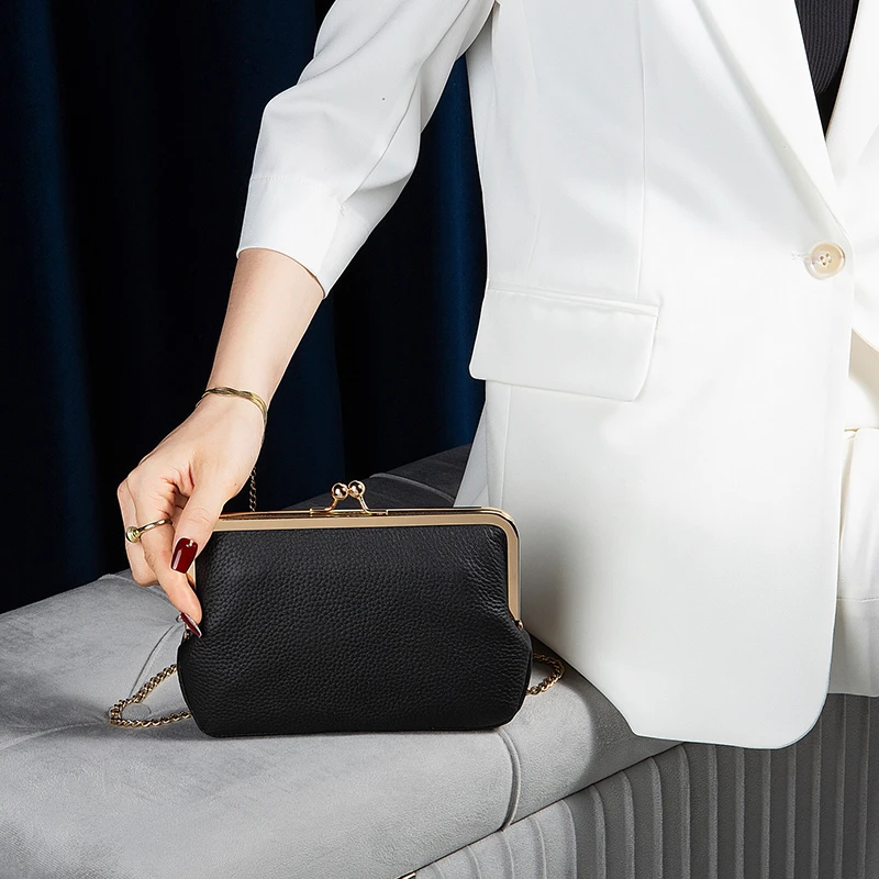 时尚简约真皮夹子包女纯牛皮有卡位链条单肩斜挎小包包手机零钱包