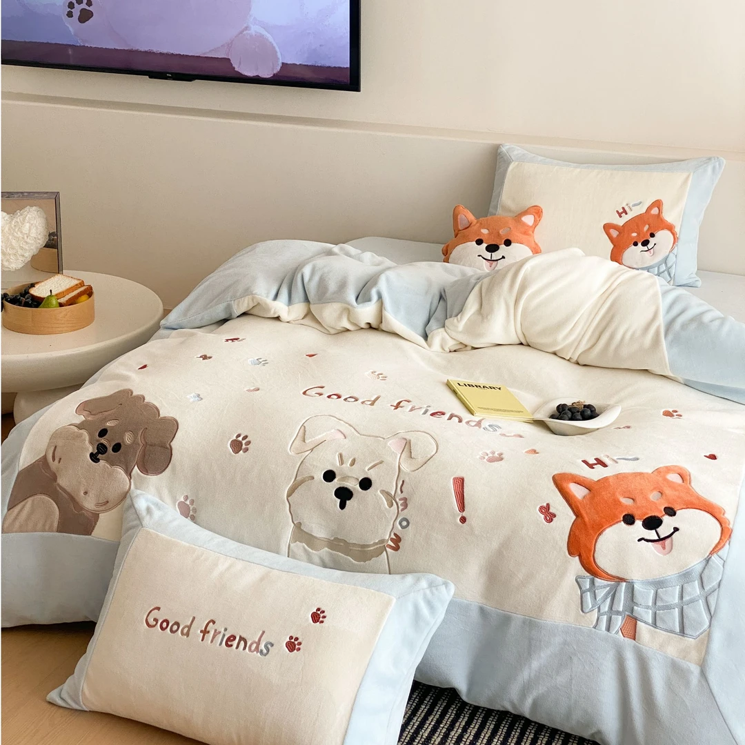 特! 小玲子 狗狗乐园-蓝 高克重全消光精致刺绣牛奶绒套件