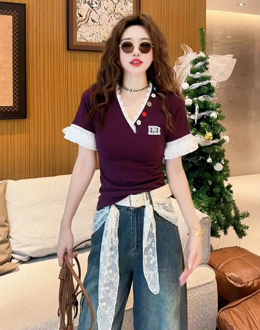 x3208 CC推荐 甜美蕾丝花边v领短袖t恤