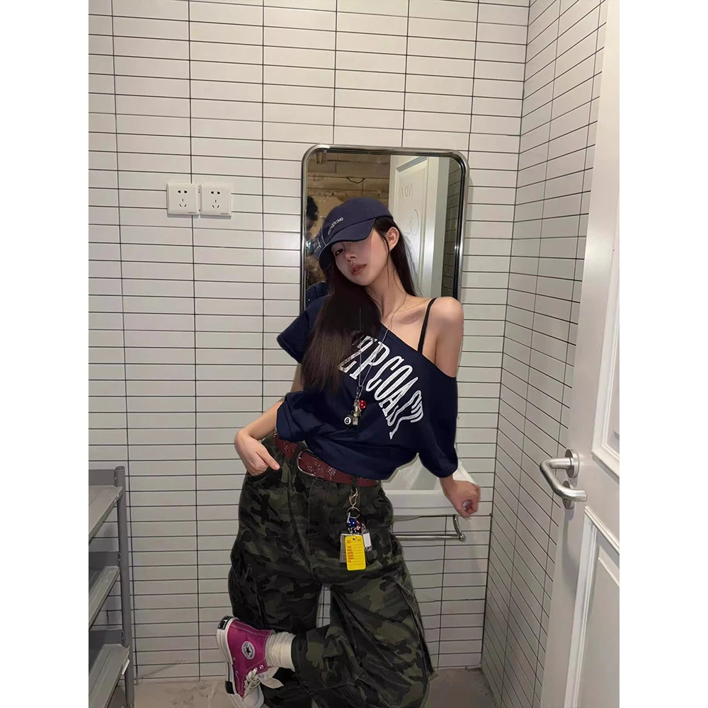 美式复古辣妹斜肩短袖t恤女夏季2025新款宽松慵懒风露肩别致上衣