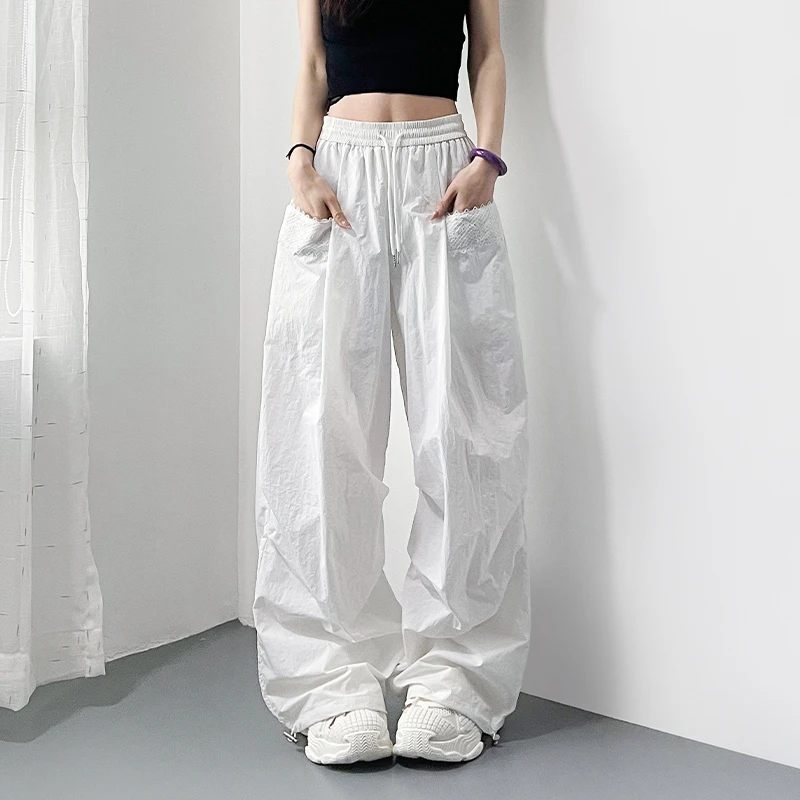 大码白色不透冰丝休闲阔腿裤女夏日松弛感胖mm蕾丝花边口袋工装裤
