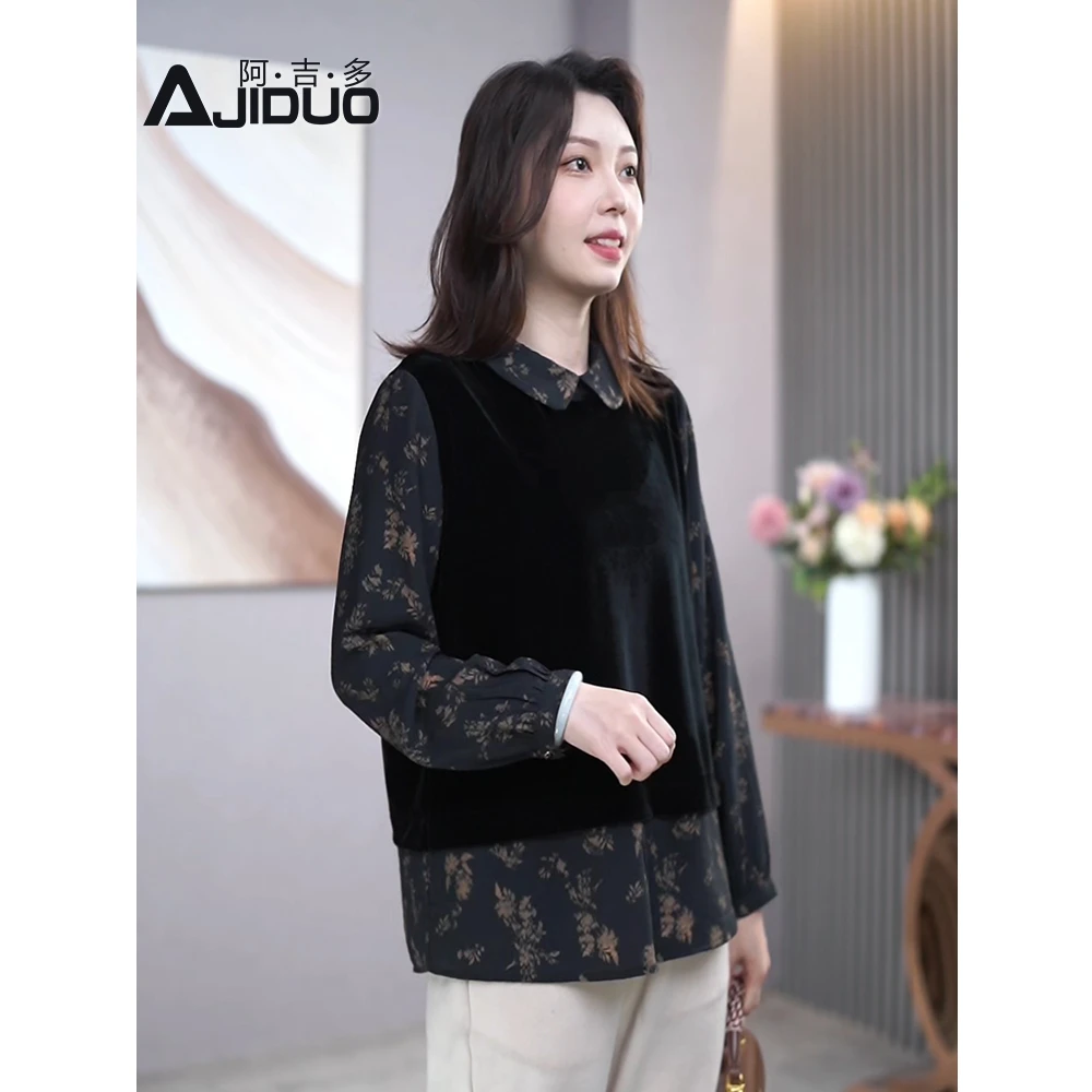 假两件衬衫女复古丝绒高级感气质娃娃领大码衬衣2025春秋新款上衣