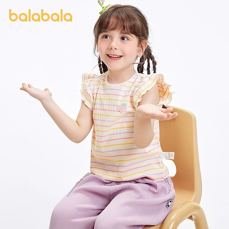 巴拉巴拉童装宝宝t恤女童短袖儿童上衣2025夏新款条纹t甜美小飞袖