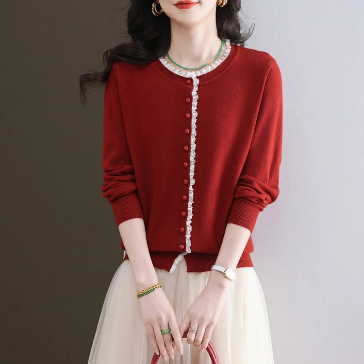 鄂尔多斯市纯100羊毛开衫女2025春秋新款圆领蕾丝洋气针织衫外套