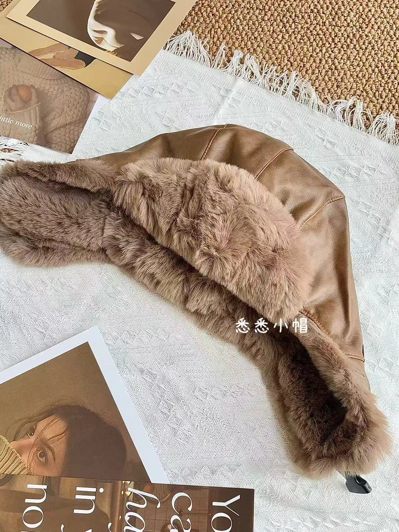 复古短檐皮质雷锋帽港风秋冬韩版百搭包头毛绒保暖护耳飞行帽K039