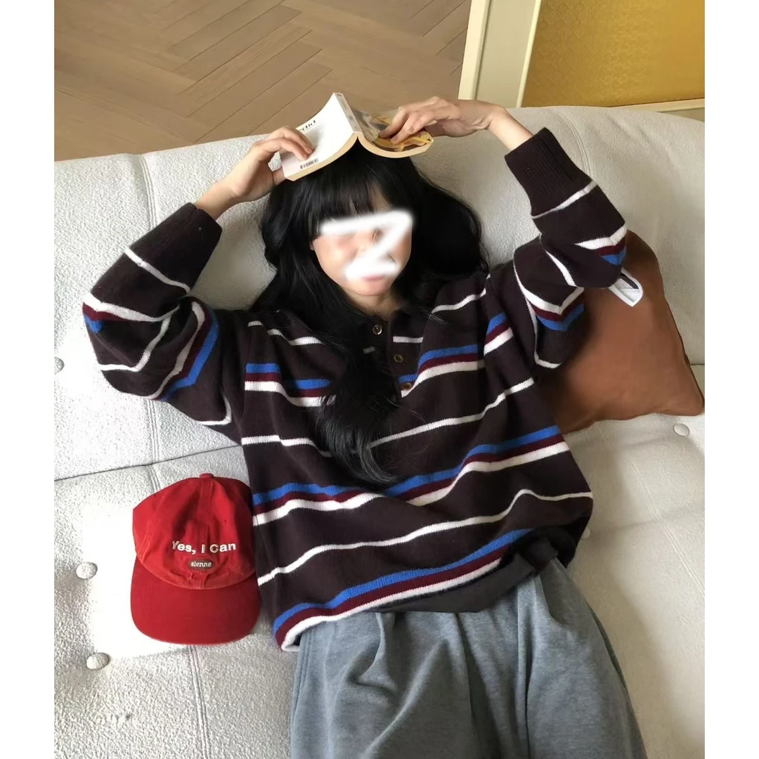 5777新款毛衣套头针织衫polo领撞色条纹韩系时尚洋气宽松显瘦