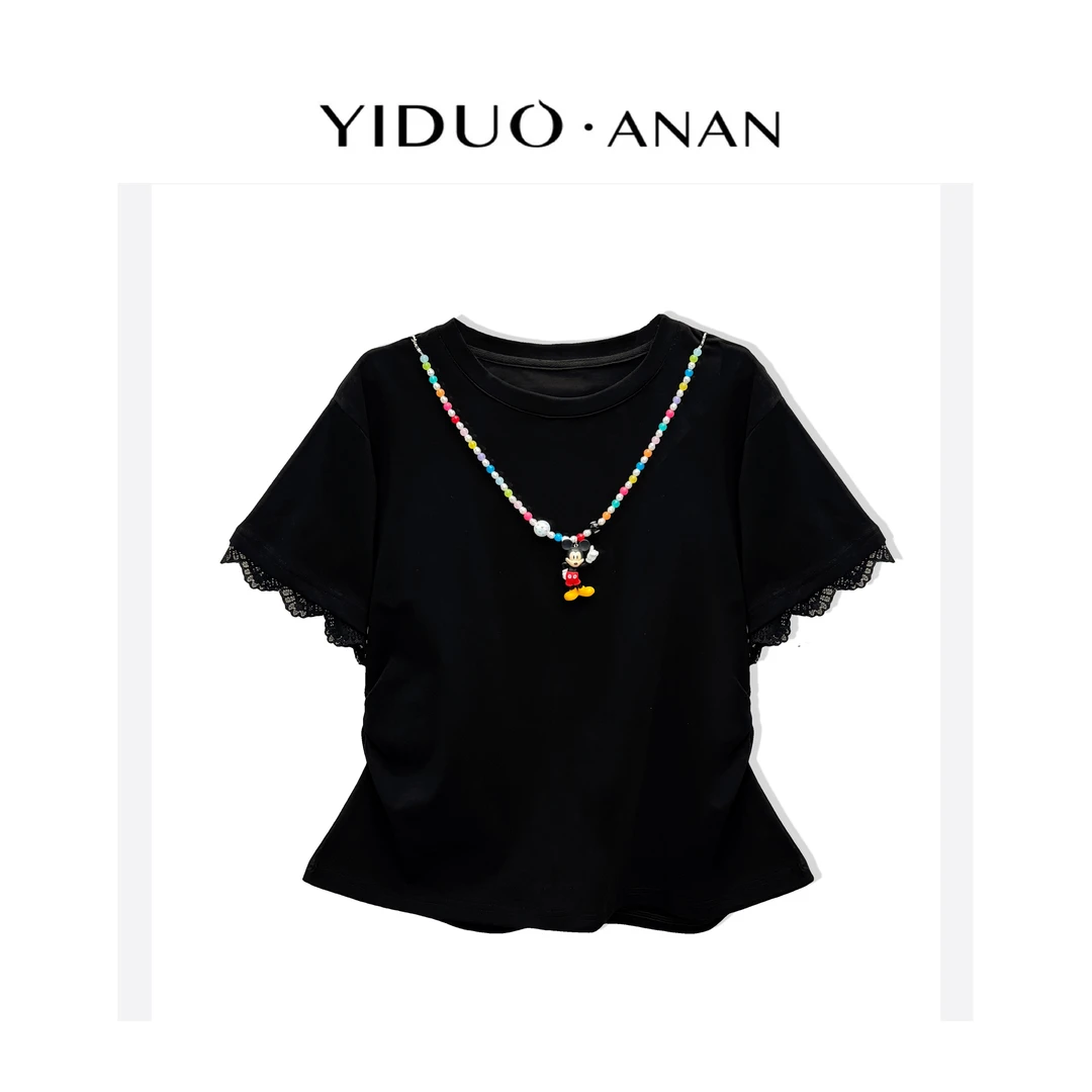 Yi·Duo大码时髦精米奇项链蕾丝袖T恤