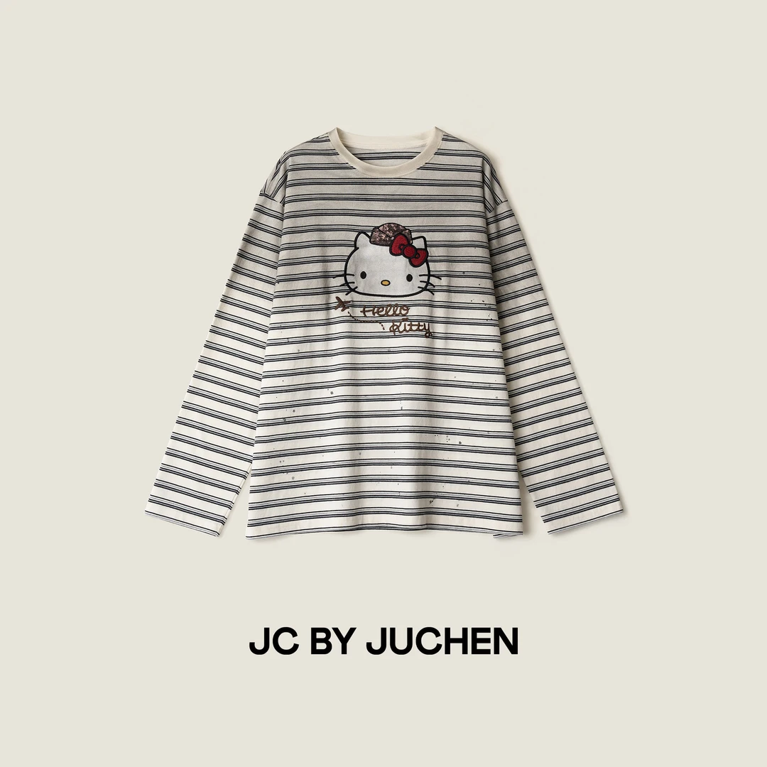 复古洗水做旧洗水宽松百搭条纹长袖kittyT恤 FW117040-195