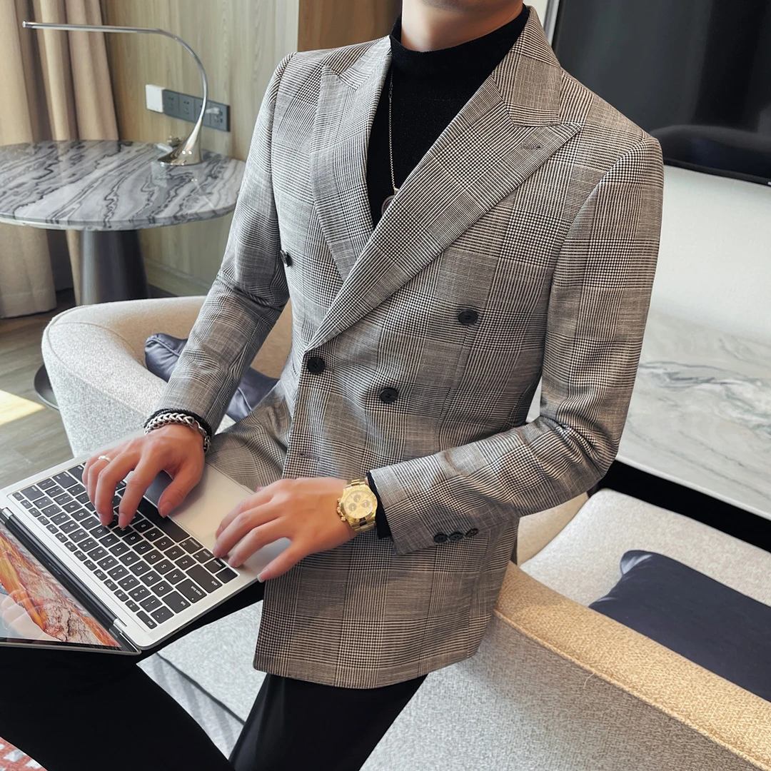 英伦复古双排扣西服外套商务休闲亲王格休闲修身帅气单西上衣潮流
