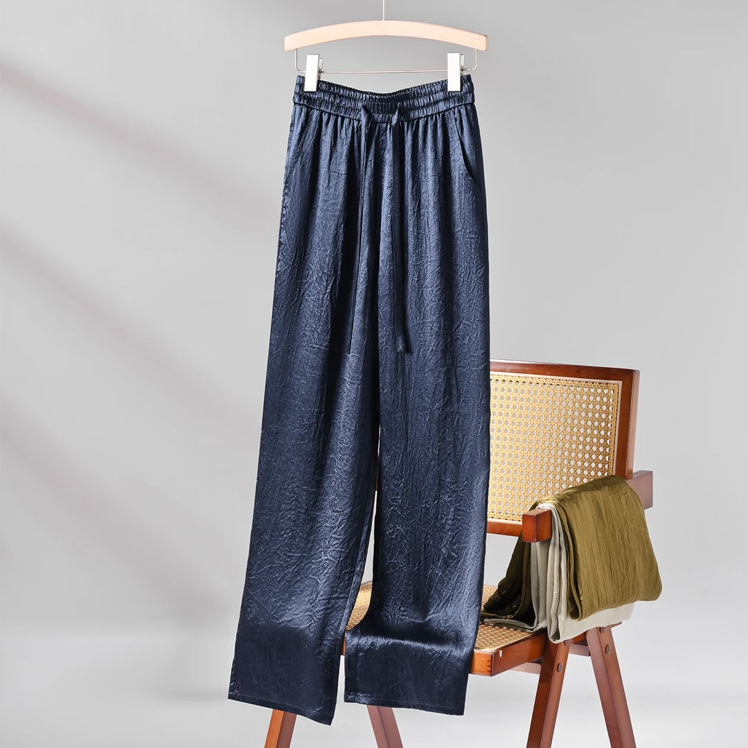 高端100%醋酸皱阔腿裤女2025夏新款丝滑显瘦大码高级感缎面直筒裤