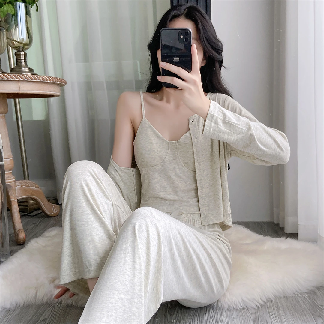 睡衣女春秋季三件套莫代尔棉纯欲性感吊带胸垫长袖长裤外穿家居服