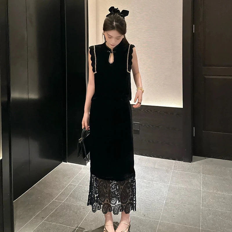 今年流行新中式时尚套装女夏名媛气质无袖上衣蕾丝直筒半身裙洋气