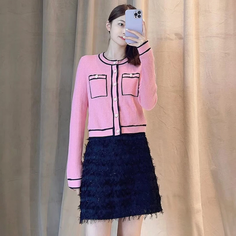【商场同款】小香风外套春秋气质撞色名媛短款粉色针织开衫5499146