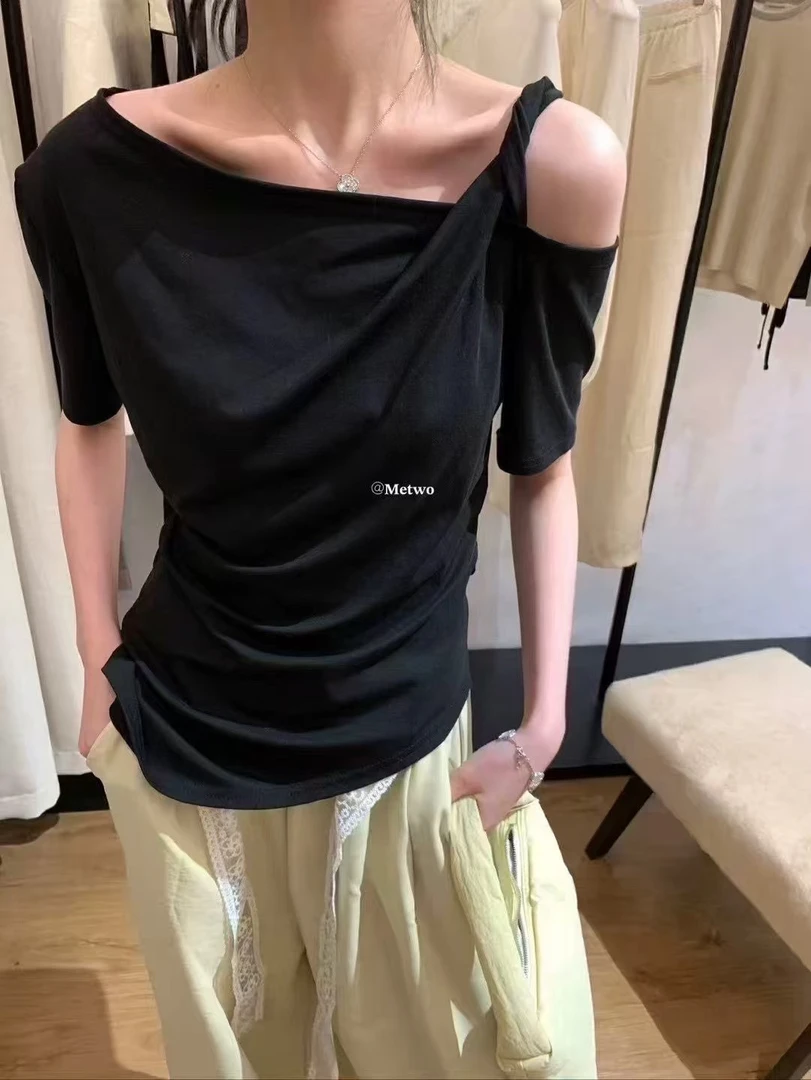 设计感小众露肩T恤女2025夏季新款短袖斜边显瘦休闲上衣